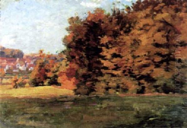 Waldrand Bei Einem Oberhessischen Dorf An Einem Sonnigen Herbsttag Oil Painting by Heinrich Giebel