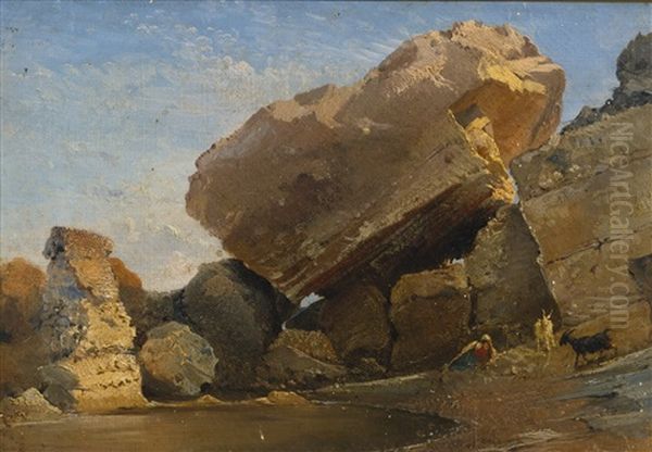 Goatherd With Goats In A Rocky Inlet Oil Painting by Giacinto Gigante