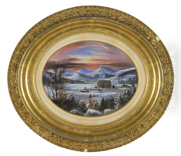 Brilliant Sunset Over A Winter Farm Landscape Oil Painting by Regis Francois Gignoux