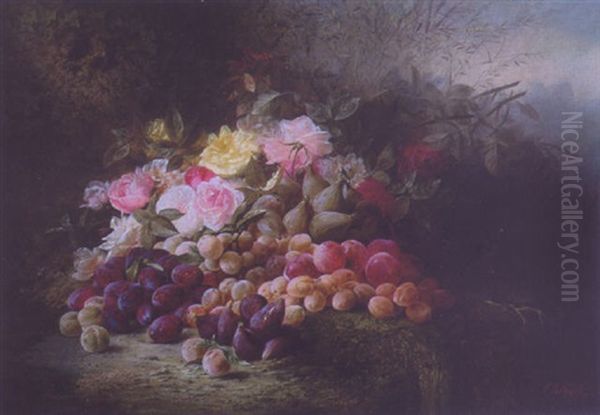 Still Life With Roses, Peaches, Plums And Figs Oil Painting by Joseph-Eugene Gilbault