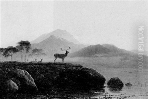 Red Deer In A Highland Loch Landscape Oil Painting by Arthur Gilbert