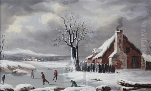 Skaters In A Winter Landscape Oil Painting by Joseph Francis Gilbert