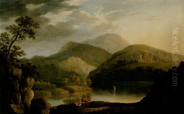 Bergslandskap Med Sjo Oil Painting by Joseph Francis Gilbert