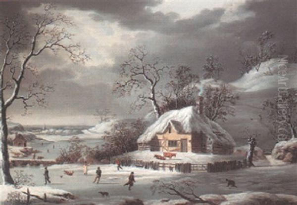 Winter Scene With Figures Skating On A Frozen River Oil Painting by Joseph Francis Gilbert
