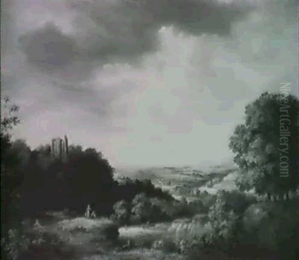 Landscape With A Ruined Tower With A Distant                Vale Beyond Oil Painting by Joseph Francis Gilbert