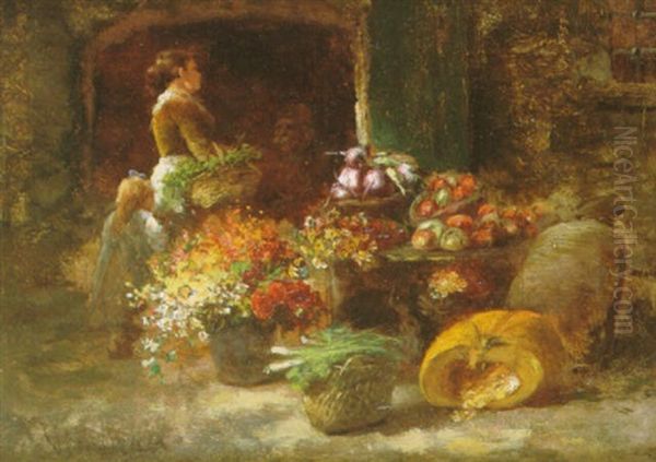 Scene De Marche Aux Fleurs Et Aux Legumes Oil Painting by Victor Gabriel Gilbert