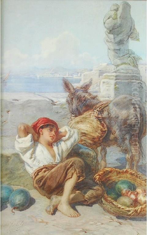 Young Italian Street Vendor Lost In Thought Oil Painting by Guido Bach