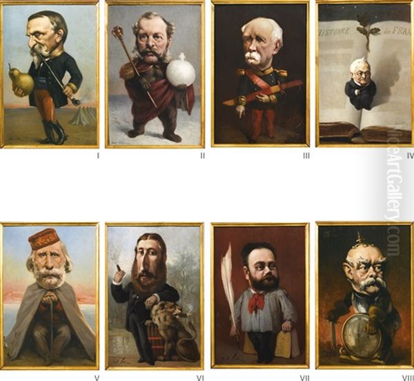 Eight Caricatures: Henri Dorleans Duc Daumale; Emperor Alexander Iii Of Russia; Patrice De Macmahon; Adolphe Thiers; Giuseppe Garibaldi; King Leopold Ii Of Belgium; Emile Zola; Otto Von Bismarck Oil Painting by Andre Gill