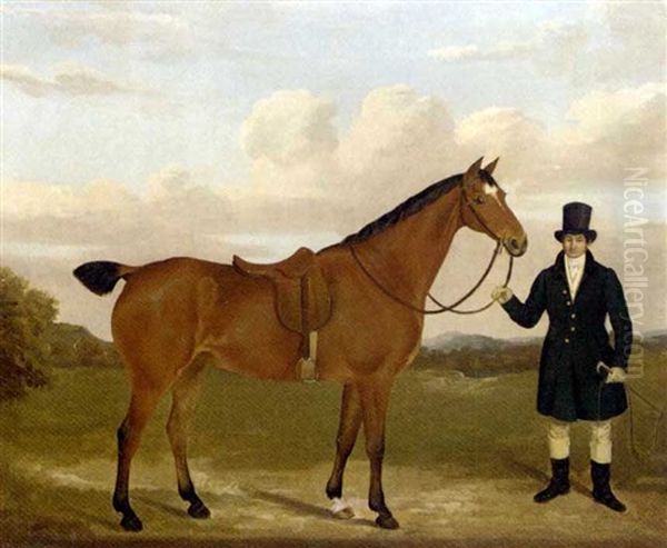 A Gentleman Holding His Bay Hunter In A Landscape Oil Painting by Edmund Ward (E. W.) Gill