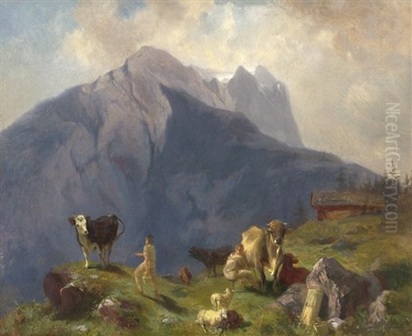 Alpenlandschaft Mit Kuhen Auf Der Alm Oil Painting by Christian Friedrich Gille
