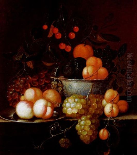 Stilleben Mit Einer Ming Porzellan-schale Mit Pfirsichen, Pflaumen Und Weintrauben Oil Painting by Jan Pauwel Gillemans The Elder