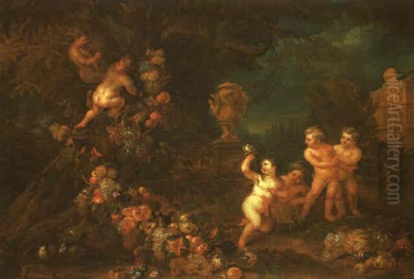 Parklandschaft Mit Putten Und Stillebenartig Arrangierten Fruchten Oil Painting by Jan Pauwel Gillemans The Elder