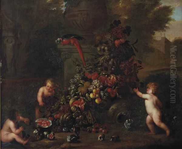 A Park Landscape With Putti Adorning A Classical Ornament With An Abundance Of Fruit Oil Painting by Jan Pauwel Gillemans the Younger