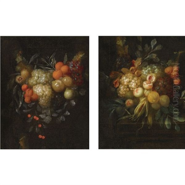 A Swag Of Blue And White Grapes, Oranges, Chestnuts, Cherries And Apricots (+ A Swag Of Blue And White Grapes, Chestnuts, Lemons, Peaches And Corn On A Ledge; Pair) Oil Painting by Jan Pauwel Gillemans the Younger