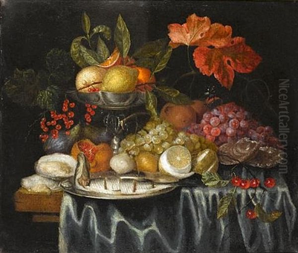 A Still Life Of Oysters, A Silver Tazza With Oranges And Lemons, Fish On A Silver Dish And Other Fruit On A Table Draped With A Blue Cloth Oil Painting by Jan Pauwel Gillemans the Younger