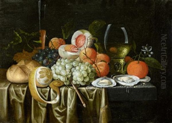 Still Life With A Roemer, Oysters, Oranges, Grapes, Apricots, A Peach, A Bun And A Lemon Together On A Stone Ledge Draped With A Cloth Oil Painting by Jan Pauwel Gillemans the Younger