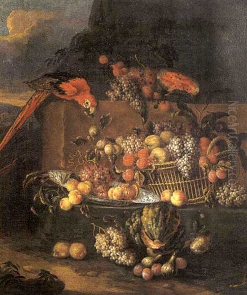 Nature Morte Aux Raisins, Fruits Et Perroquets Sur Un Entablement Oil Painting by Jan Pauwel Gillemans the Younger