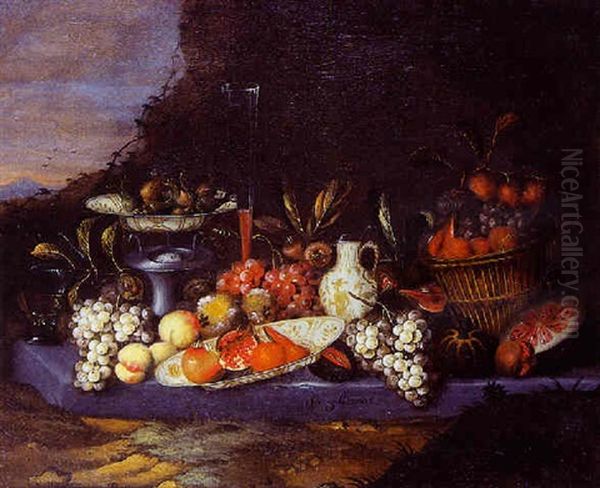 Fruits, Verres De Vin, Pichet Et Son Presentoir Voisinant Avec Une Corbeille De Fruits Oil Painting by Jan Pauwel Gillemans the Younger