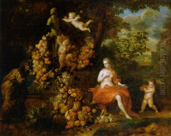 Vertumnus And Pomona, Putti Decorating A Statue Of Pan With A Swag Of Fruit, In A Landscape Oil Painting by Jan Pauwel Gillemans the Younger