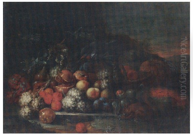 Still Life Of Grapes, Peaches, Plums, Pomegranates, Figs And Melons, Together With A Red Squirrel And A Parrot In A Landscape Oil Painting by Peter Mathys Gillemans