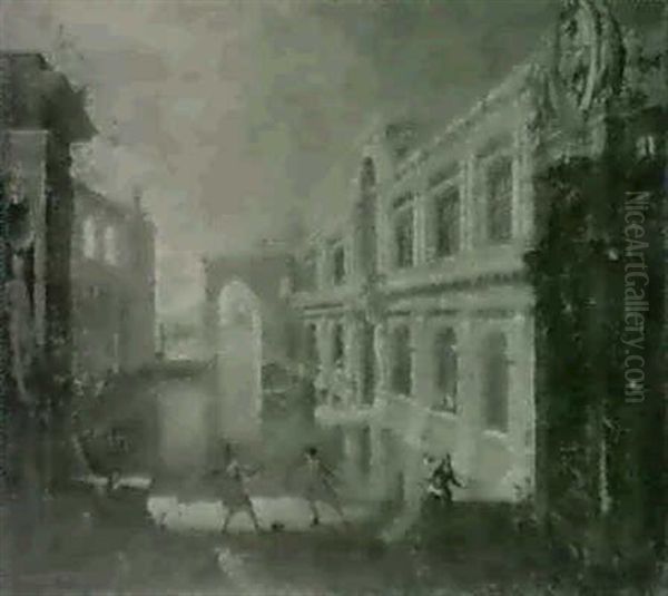 Scene De Duel Dans Un Decor Architectural Oil Painting by Claude Gillot