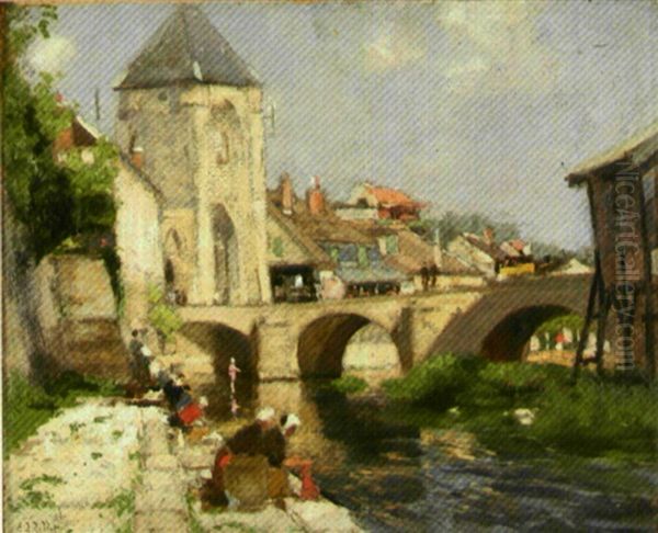 Lavandieres A Moret Sur Loing Oil Painting by Eugene Louis Gillot