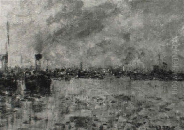 View Of A Port, Sunset Oil Painting by Eugene Louis Gillot