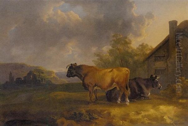 Cattle By A Cottage, In A Landscape With Ruins Beyond Oil Painting by Sawrey Gilpin