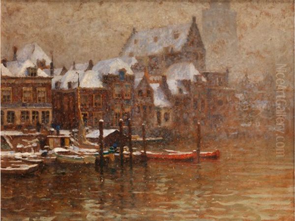 Stadtansicht Vom Wasser Aus Bei Schneefall Oil Painting by Victor Olivier Gilsoul