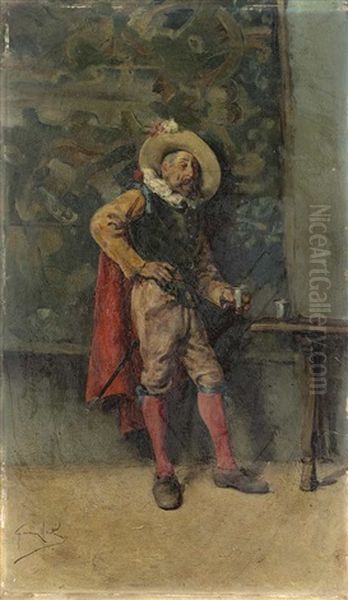 Interior Con Soldado Bebiendo. Oil Painting by Juan Gimenez y Martin