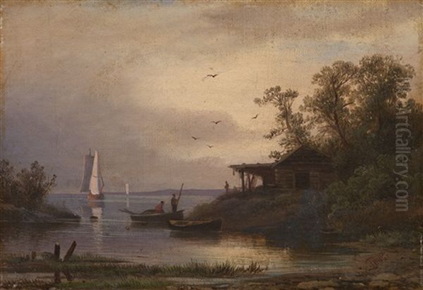 Fishermen In The Harbour Oil Painting by Aleksandr Vasil'evich Gine