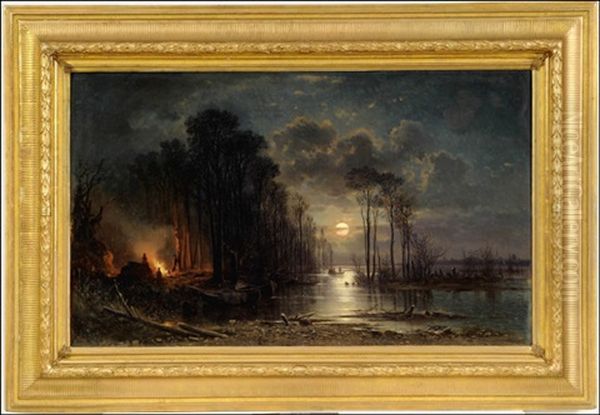 Moonlit Landscape With Men By The Fire Oil Painting by Aleksandr Vasil'evich Gine