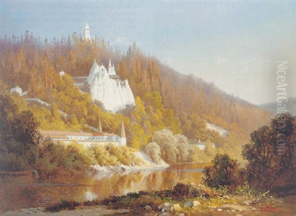 Blick Auf Svjatogorsky Kloster An Dem Flus Donetz In Der Ostukraine Oil Painting by Aleksandr Vasil'evich Gine