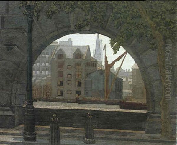 Barges On The Thames Oil Painting by Charles Ginner