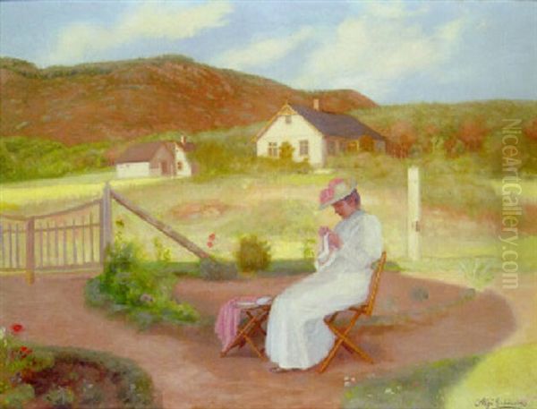A Young Girl Sewing In A Sunlit Landscape Oil Painting by Aage Giodesen