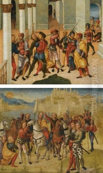 The Murder Of The Magus Smerdis (+ The Coronation Of Darius; Pair Probably From A Cassone) Oil Painting by Niccolo II Giolfino