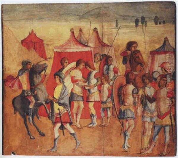 A Roman Encampment Oil Painting by Niccolo II Giolfino