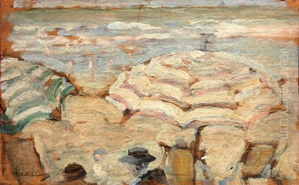 Ombrelloni In Versilia Oil Painting by Luigi Gioli