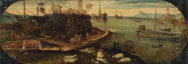 A Shepherd And His Flock Before A Harbour Town, Within A Painted Oval Oil Painting by Giorgione