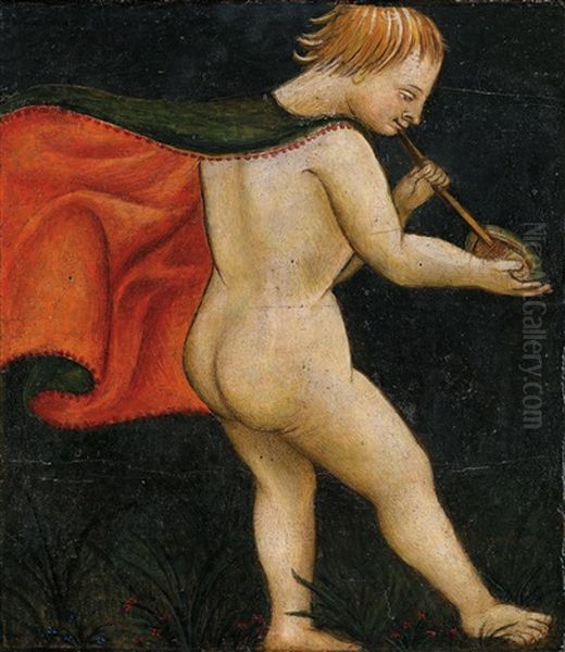 Flotespielender Putto; Putto Mit Flote Oil Painting by Giovanni di ser Giovanni Guidi (see Scheggia)