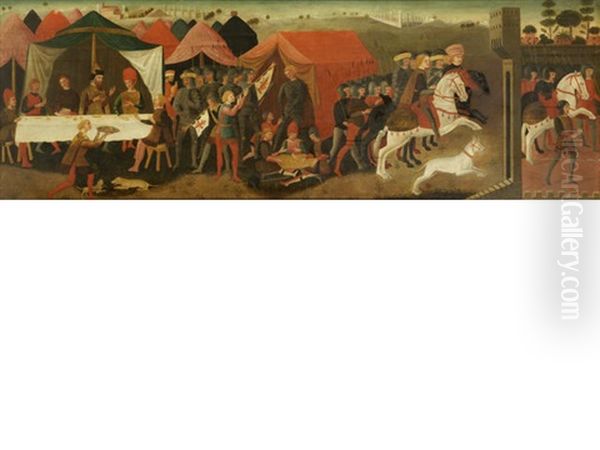 A Military Encampment Oil Painting by Giovanni di ser Giovanni Guidi (see Scheggia)