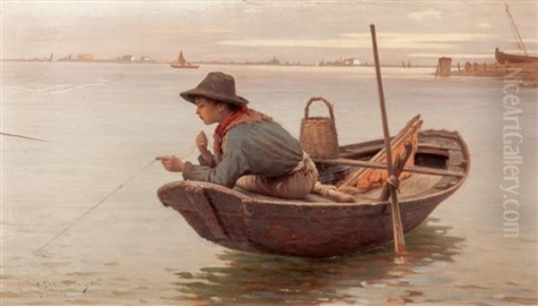 Little Boy Fishing Oil Painting by Antonio Paoletti