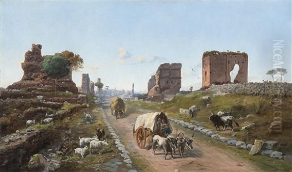 Via Appia Auf Der Hohe Der Quarto Miglio (via Appia All'altezza Del Iv Miglio) Oil Painting by Vincenzo Giovannini