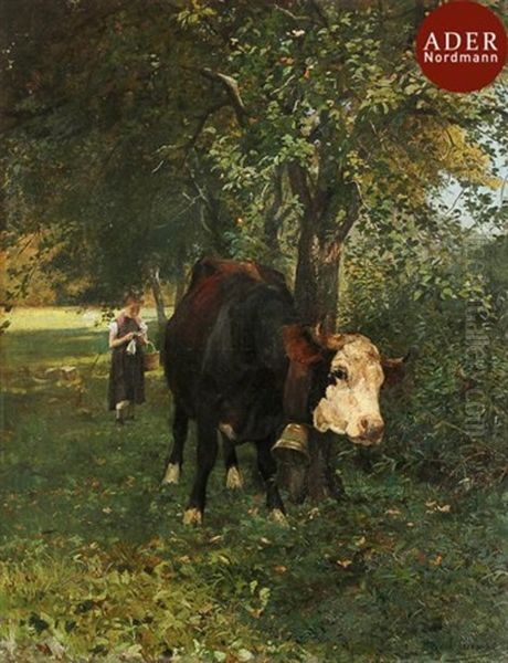 Fillette Et Sa Vache Oil Painting by Eugene Alexis Girardet