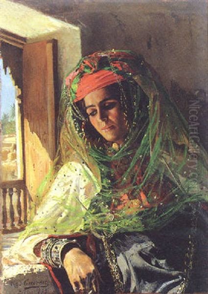 Femme A Sa Fenetre, Biskra Oil Painting by Eugene Alexis Girardet