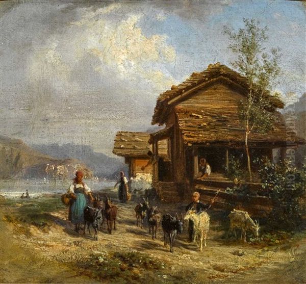 Landliche Idylle Mit Ziegen Oil Painting by Karl Girardet