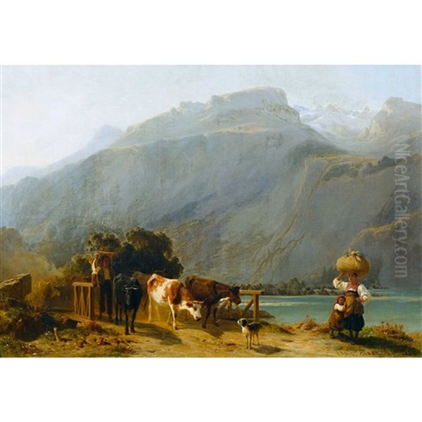 Bauernfamilie Am Brienzersee Mit Kuhherde Oil Painting by Karl Girardet