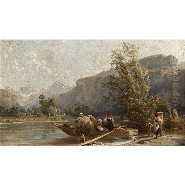 Sommerliche Landschaft Mit Bauerinnen Und Kahn Am Ufer Oil Painting by Karl Girardet
