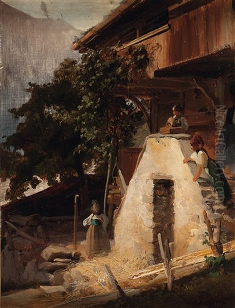 Schwatz Vor Dem Bauernhaus Oil Painting by Karl Girardet