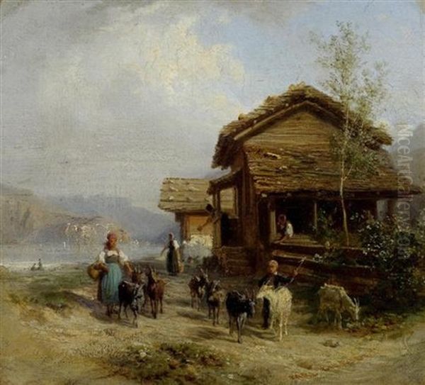Landschaft Mit Bauerinnen Und Ziegen Vor Hausern Oil Painting by Karl Girardet